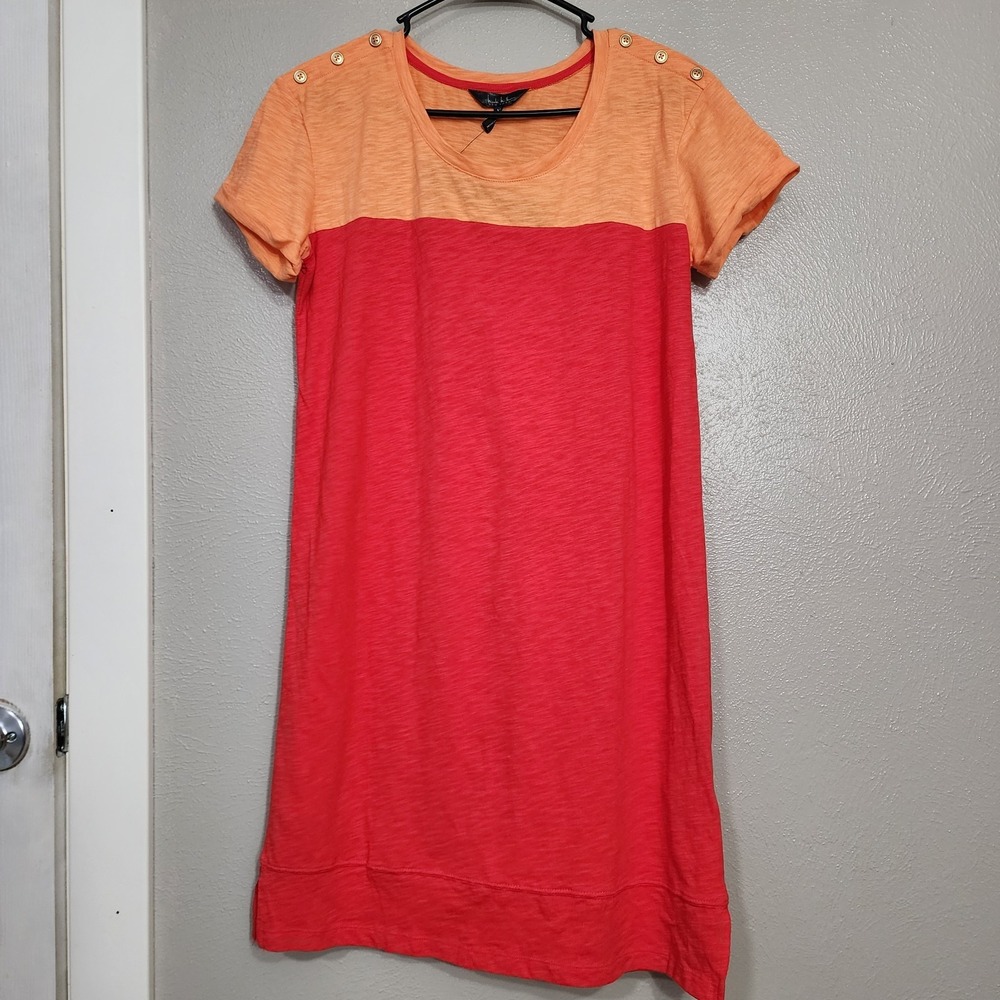 Nicole Miller Dress Womens Medium Coral Orange Colorblock Shift Gold Buttons